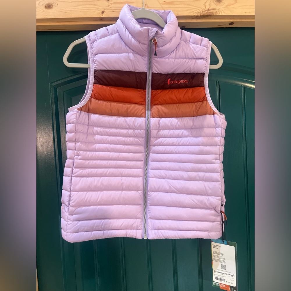 NWT Cotopaxi Womens Fuego Down Vest in thistle Stripes, size S lilac